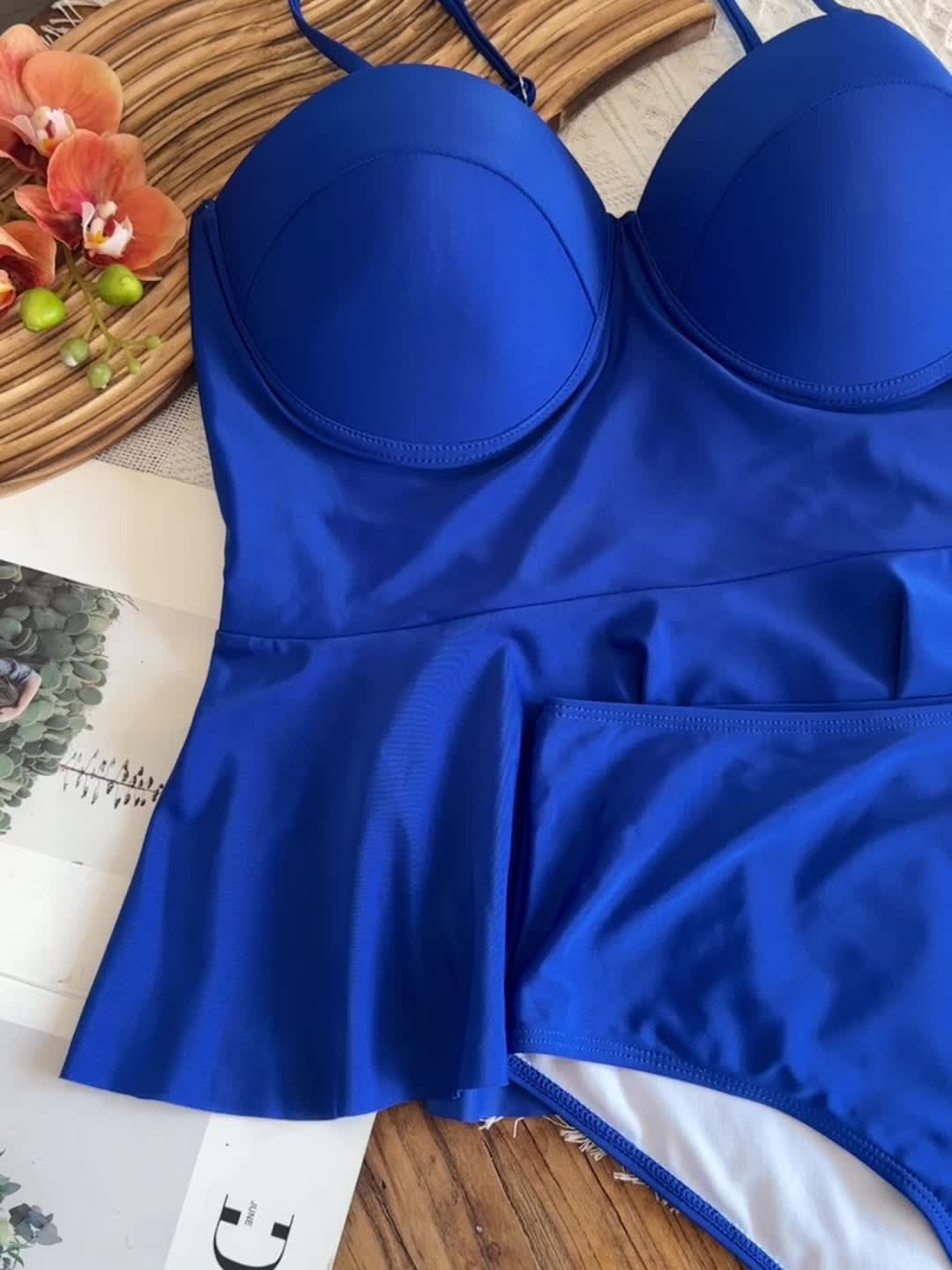 Retro Tankini Set Women's Plus Plain Sweetheart Neck Cami Top & Underw