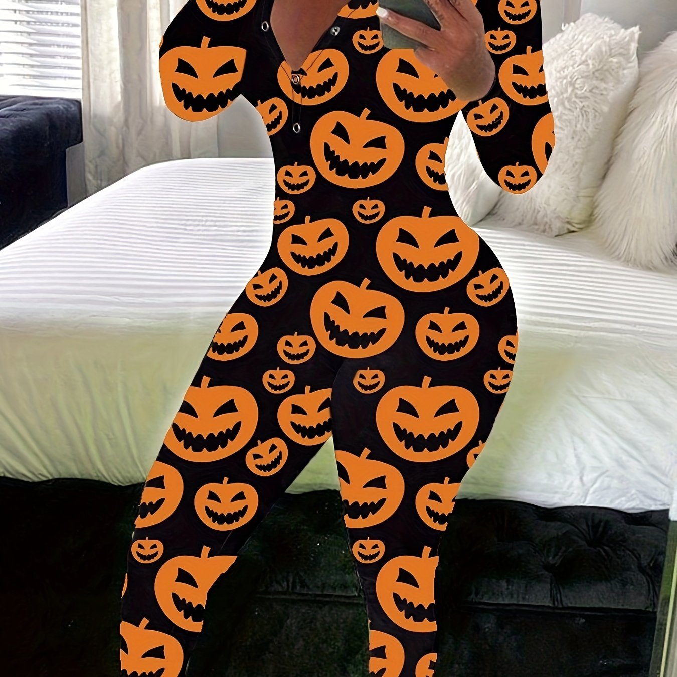 Pumpkin Print Lounge Romper Long Sleeve V Neck Buttons Romper