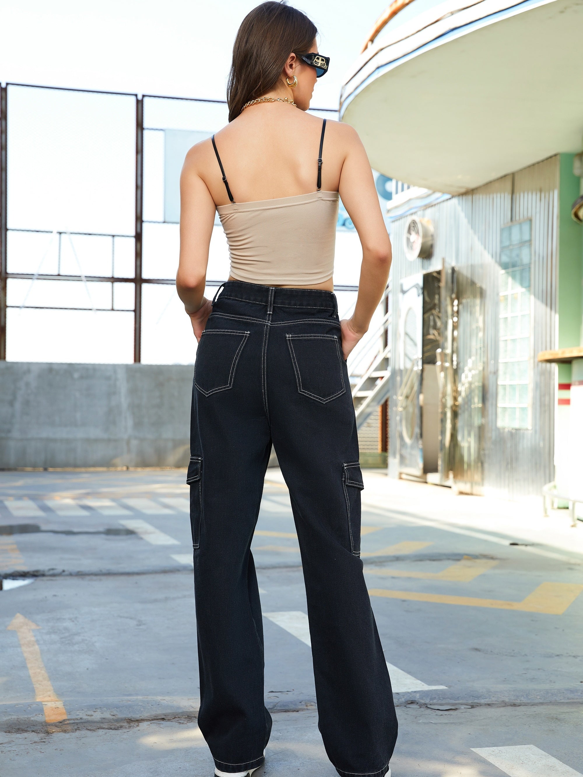 High Rise Cargo Denim Pants Straight Leg Jeans