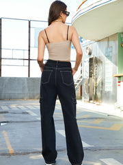 High Rise Cargo Denim Pants Straight Leg Jeans