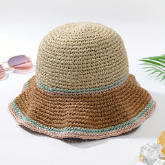 Pink Crochet Bucket Hat Ruffles Sunscreen Basin Hat Casual Straw Hats Women