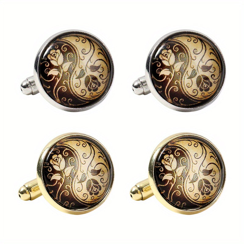 Round Engraved Rose Pattern Cufflinks for Women and Men