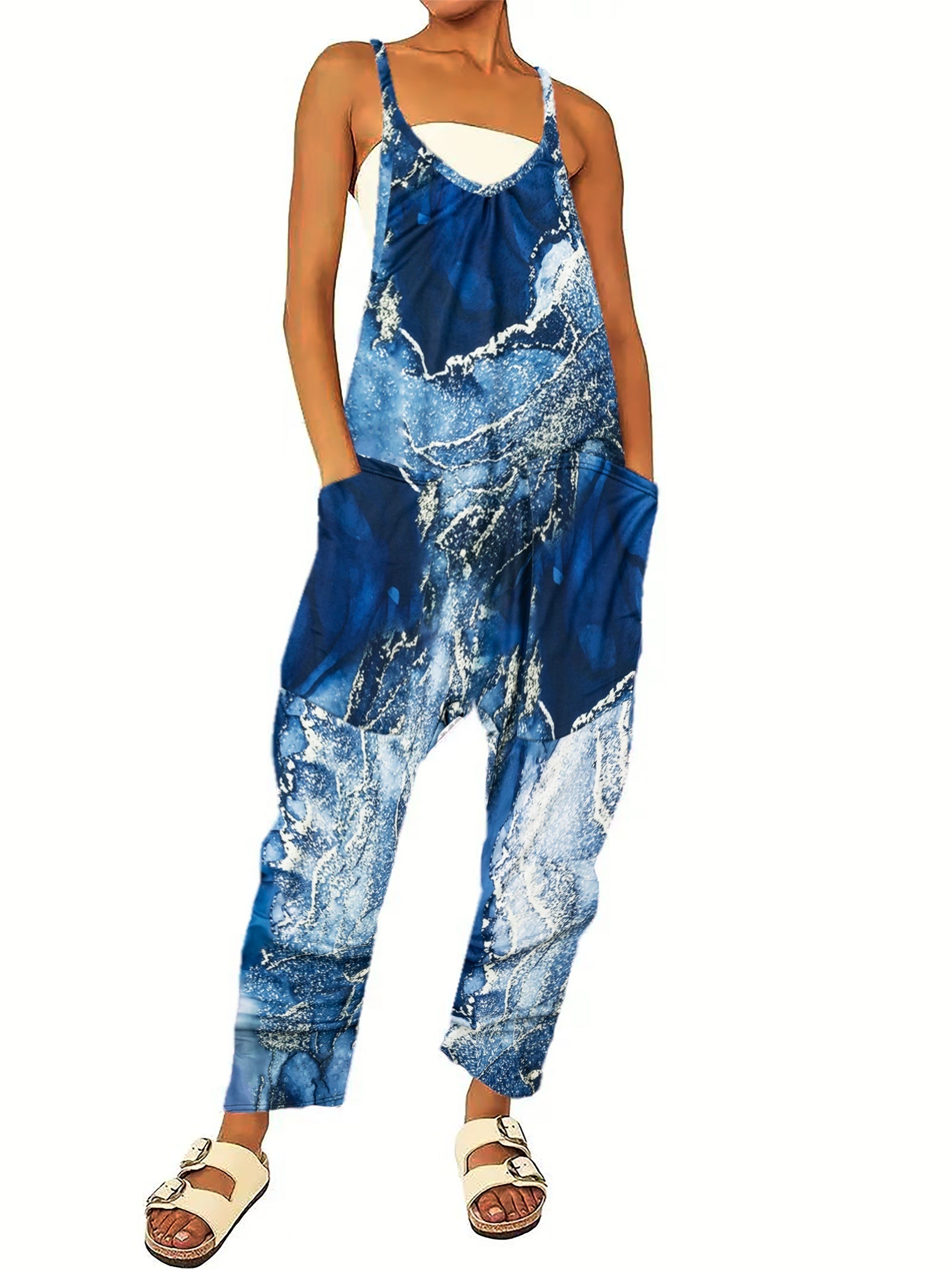 Marble Print Dual Pockets Overall Jumpsuit
