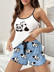 Panda Print Pajama Set Crew Neck Cami Top & Shorts Women's Loungewear