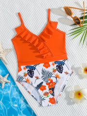 Kid Girl's Tropital Bikini Swimsuit Frill Trim Strappy Bikini Top & Floral Botto