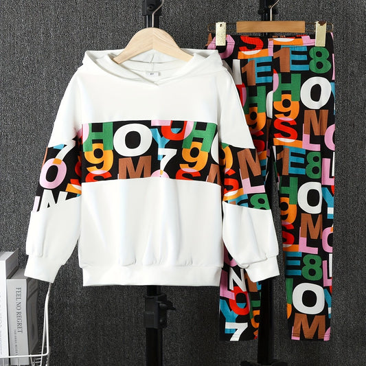 Girls Hoodie & Sweatpants Set Colorful Letter Print Casual Outfits