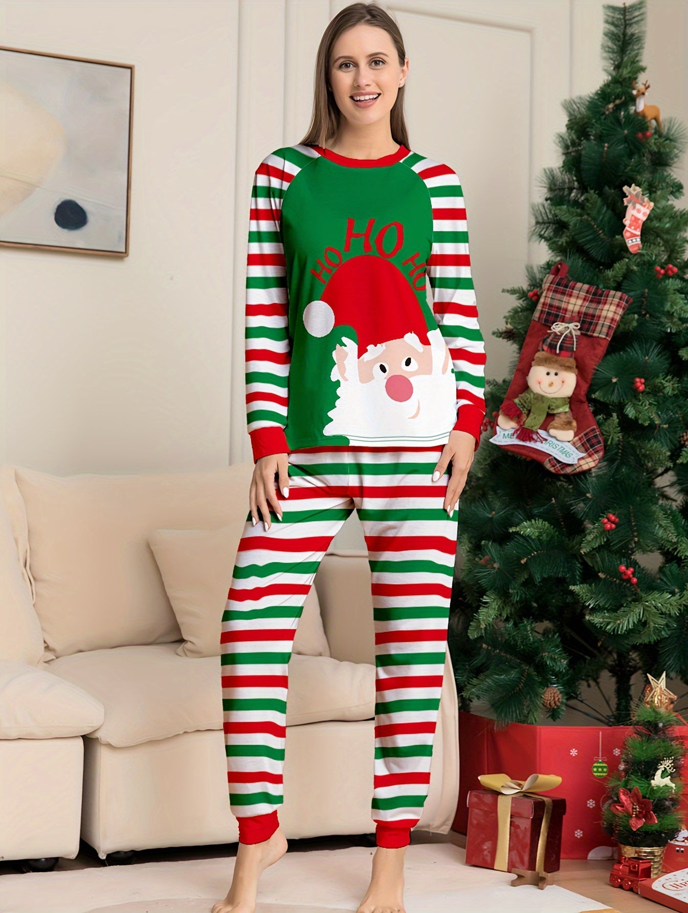 Cartoon Print Christmas Pajama Set Long Sleeve Crew Neck Top & Striped Pants