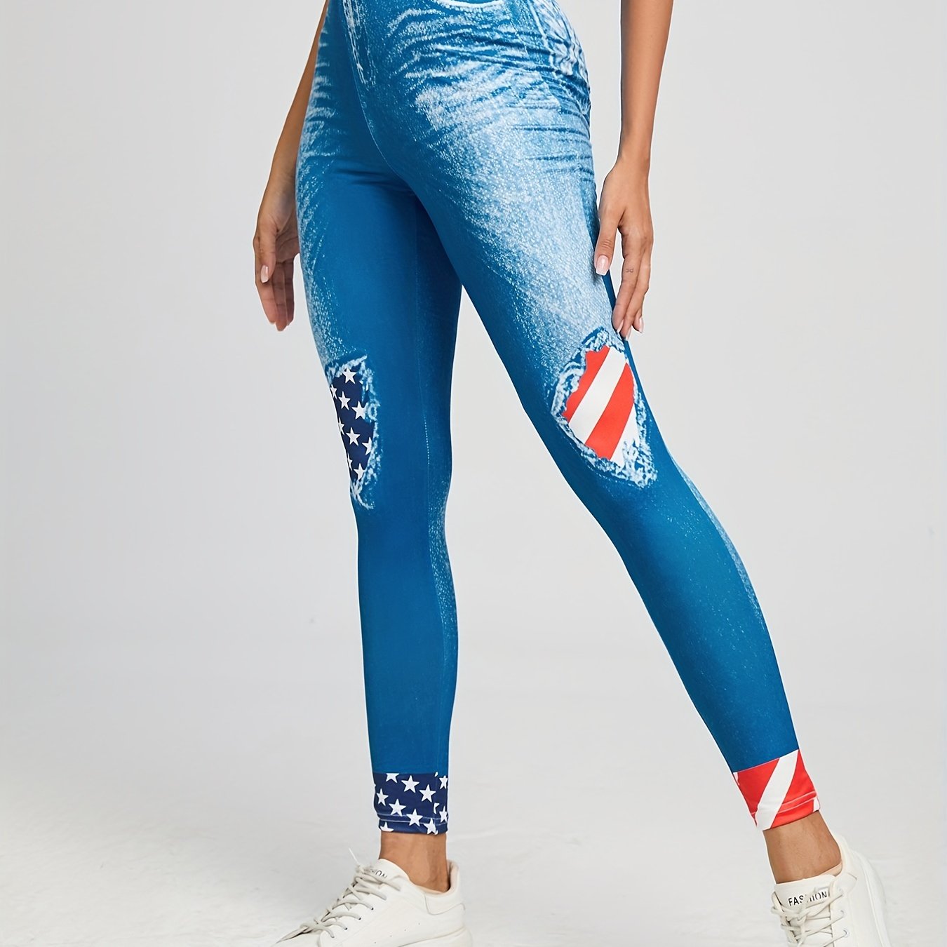 Flag & Denim Print Leggings Casual Skinny Leggings Women's Clothing