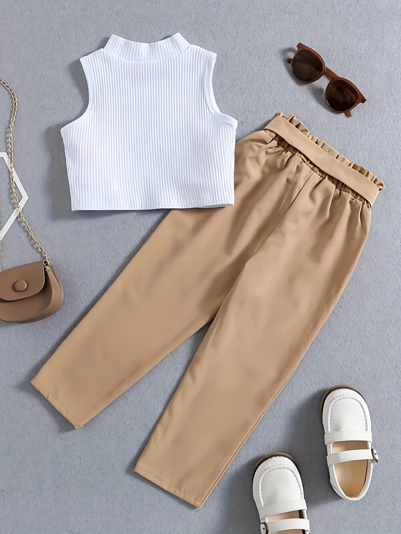 Girl's Ribbed Tank Top & Belted Pants Set for Summer