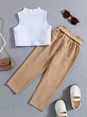 Girl's Ribbed Tank Top & Belted Pants Set for Summer