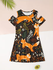 Sweet Girls Cartoon Fox Cold Shoulder Dress Summer Party Gift