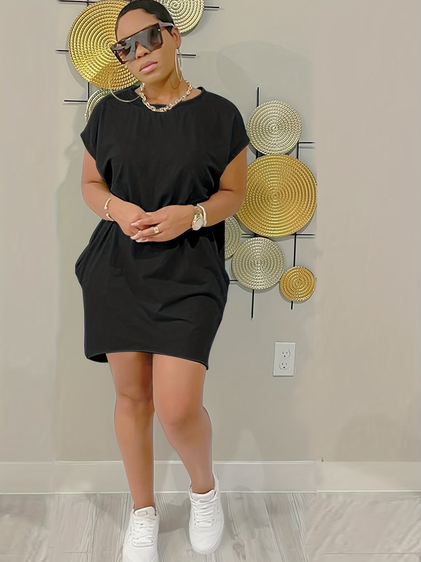 Crew Neck Loose Dress Short Sleeve Solid Asymmetrical Summer Dresses