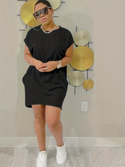 Crew Neck Loose Dress Short Sleeve Solid Asymmetrical Summer Dresses