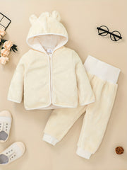 Baby Girls Solid Thermal Outfit Zip Up Hooded Coat Trousers Set