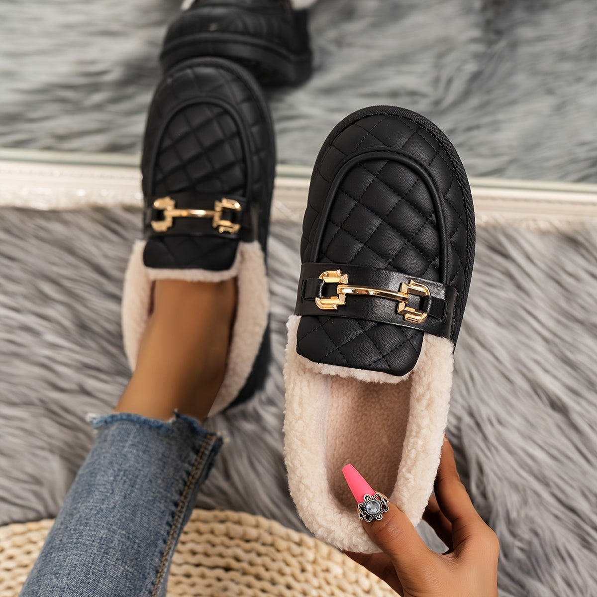 Women's Metal Buckle Fleece Loafers Slip On Shoes
