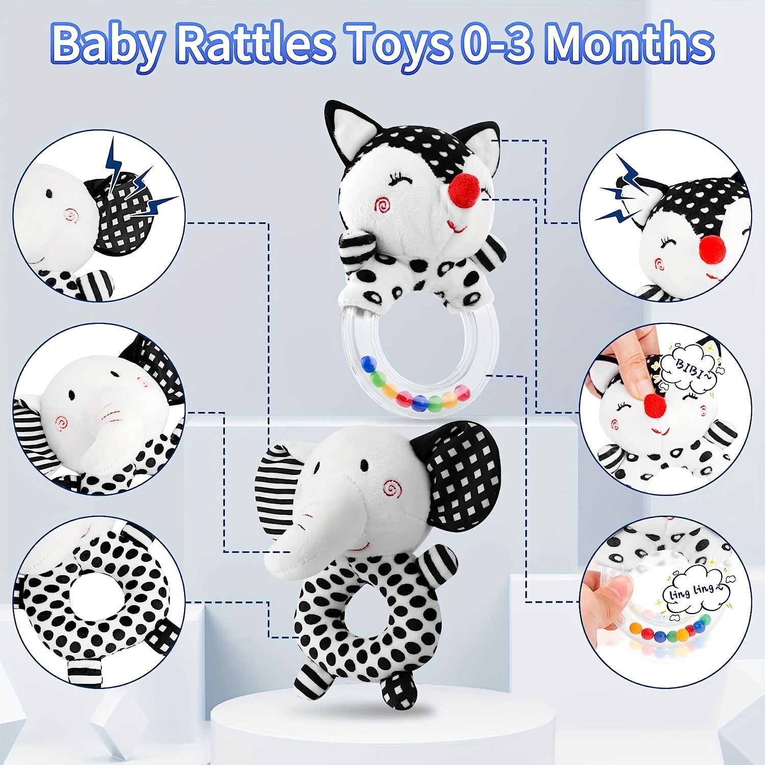 Soft Baby Rattles 0-6 Months - Newborn Sensory Toys - Plush Rattle Toy