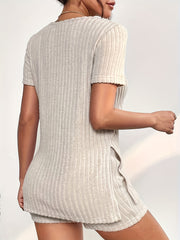 Ribbed Lounge Set Short Sleeve Split Top & Shorts Women's Loungewear