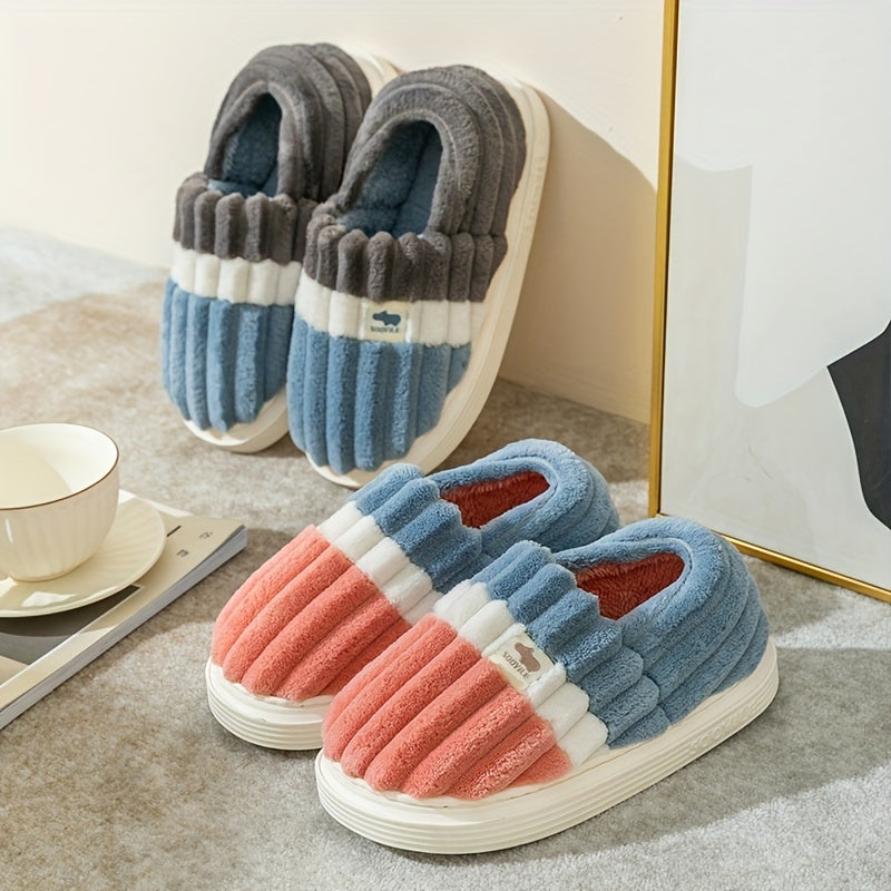 Women's Colorblock Plush Slippers Cozy Slip On Fuzzy Indoor Shoes