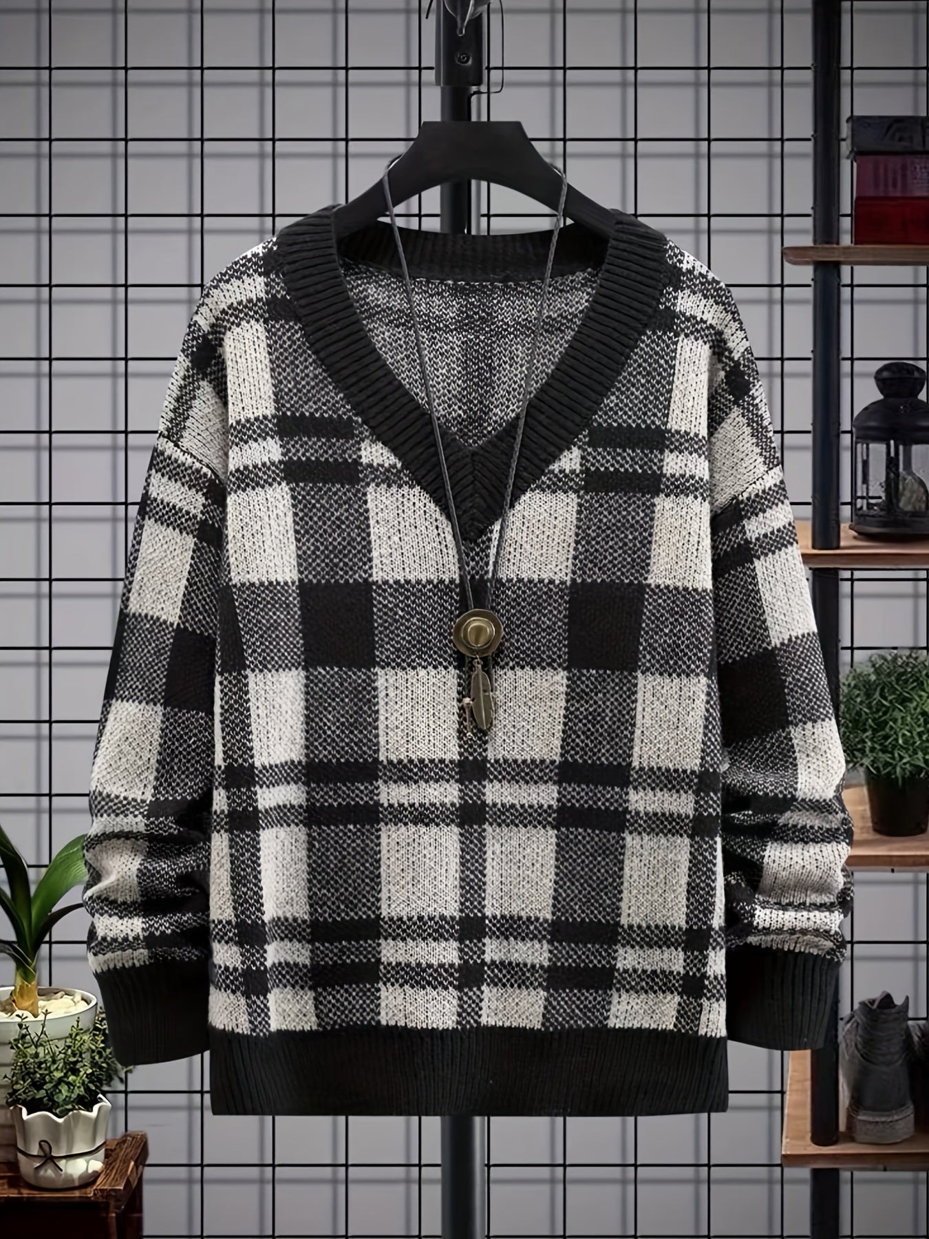 Men's Plaid Loose Fit V Neck Sweater for Fall Winter