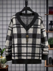Men's Plaid Loose Fit V Neck Sweater for Fall Winter