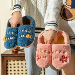 Letter Embroidered Fuzzy Slippers Plush Lined Slip On Shoes