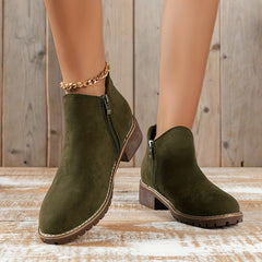 Chunky Heeled Ankle Boots Retro Round Toe Side Zipper Shoes