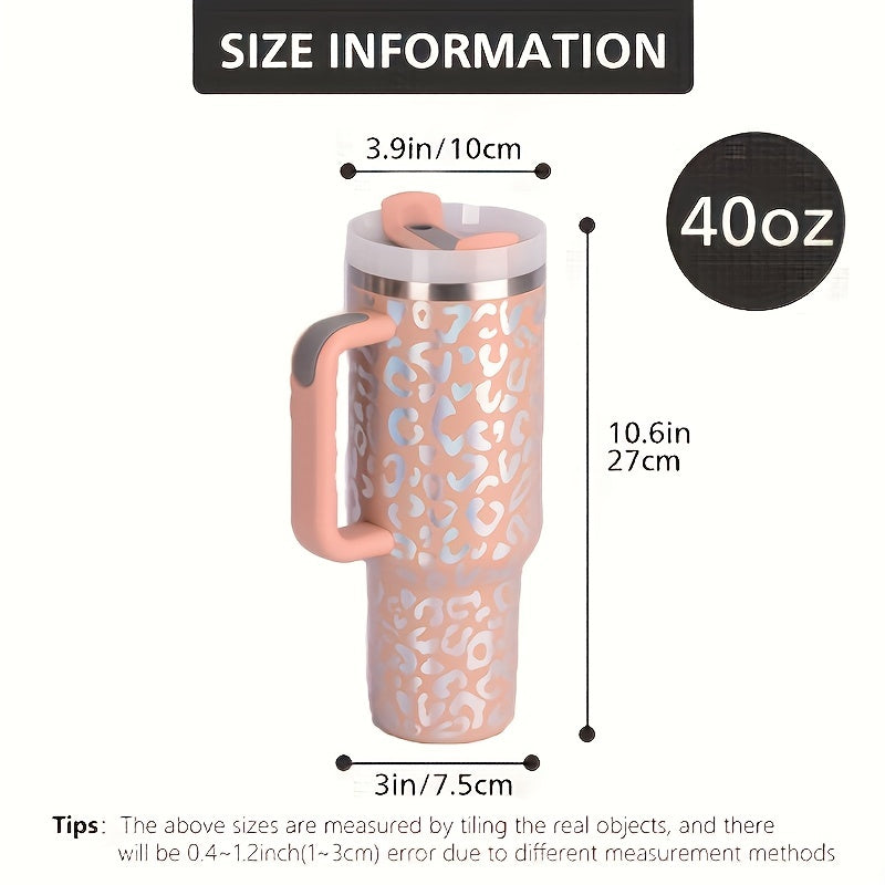 40oz Insulated Leopard Print Water Bottle with Handle Straw Lid
