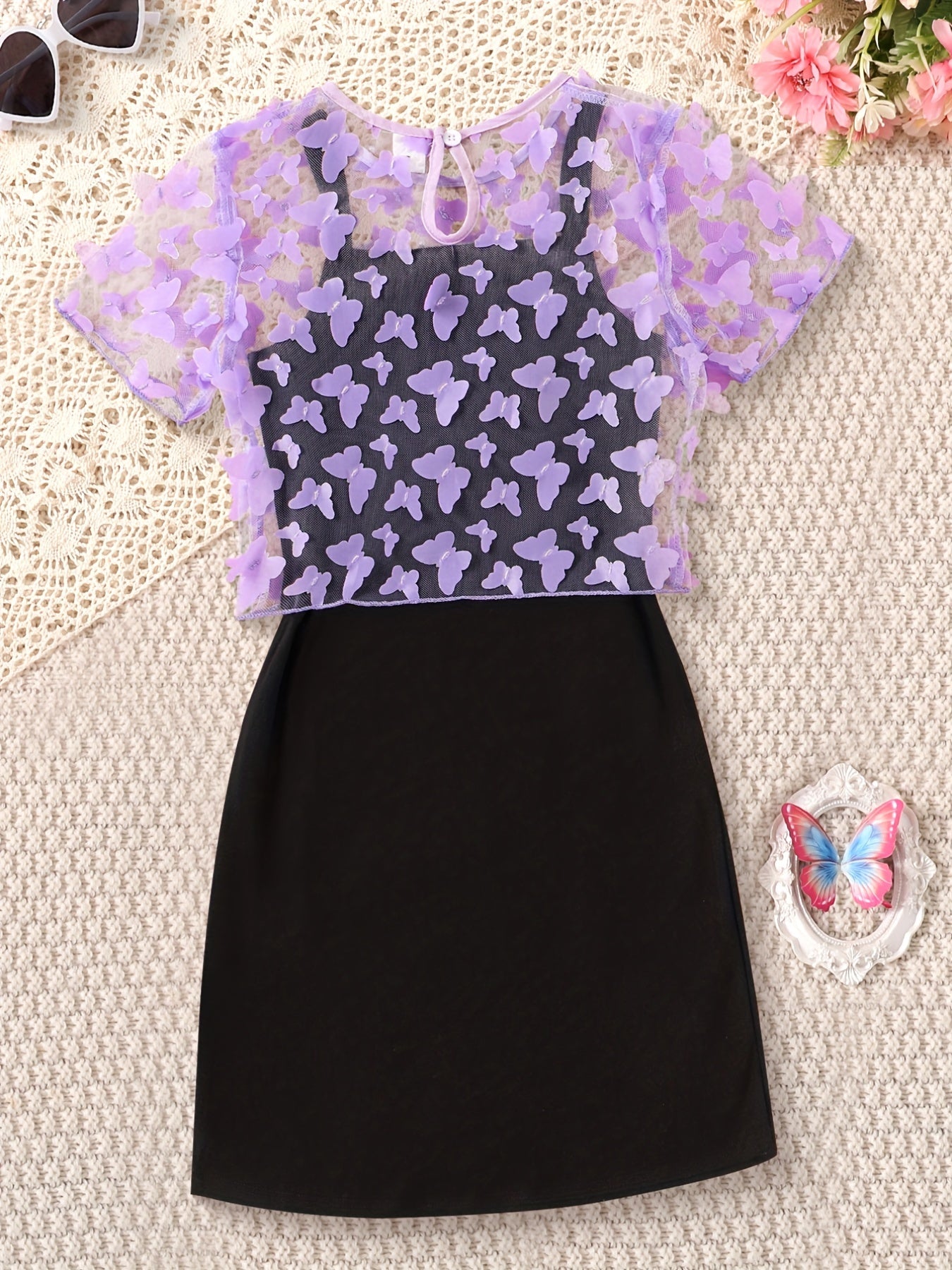 2pcs Toddler Girls Butterfly Graphic Dress & Top Set For Party Beach Vacation