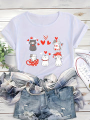Cute Cat Print Heart T Shirt for Women