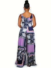 Baroque Floral Print Jumpsuit Boho Crew Neck Wide Leg Jumpsuit