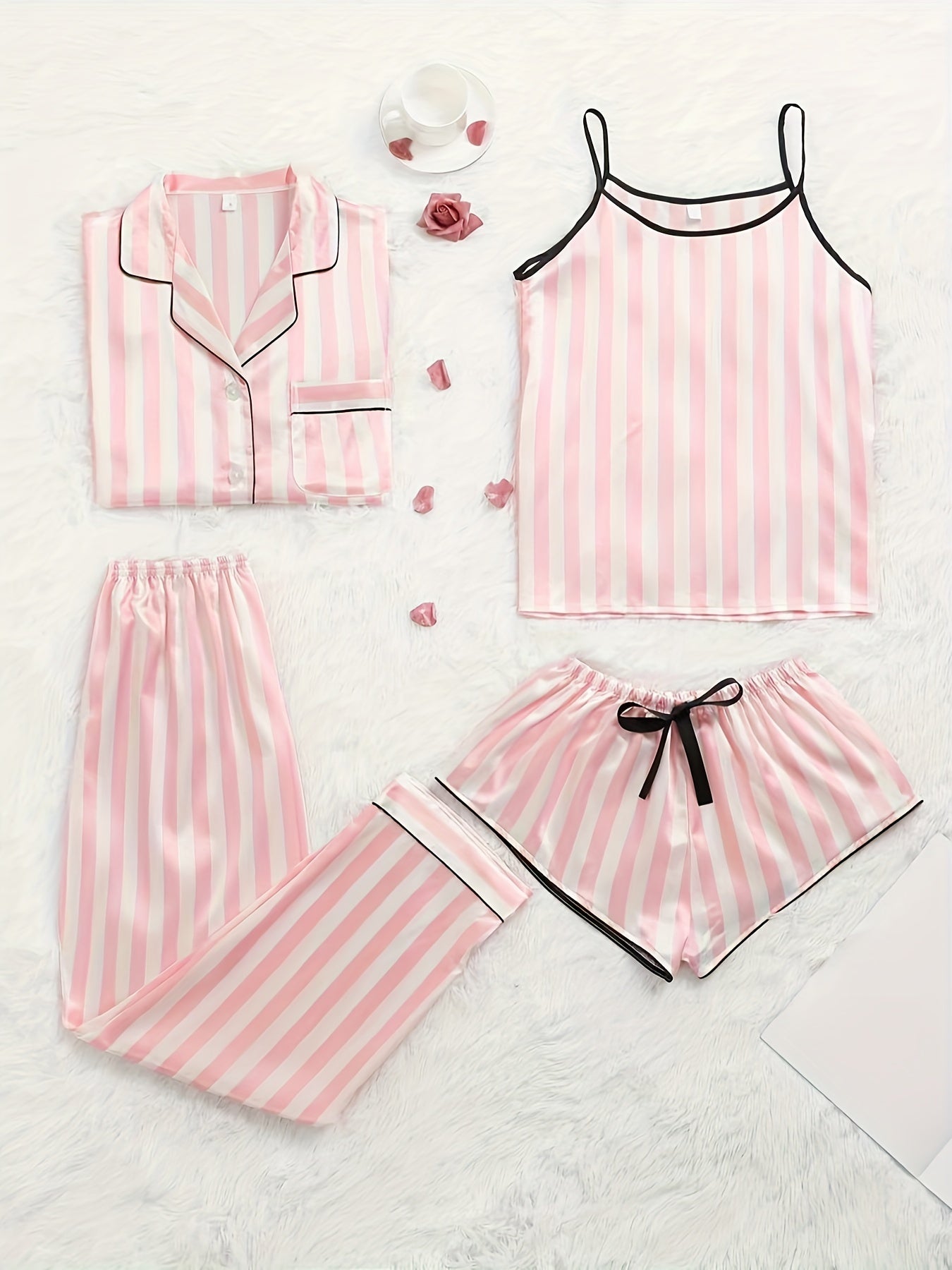 4pcs Satin Pajama Set Shorts Top Lounge Pants Camisole for Women