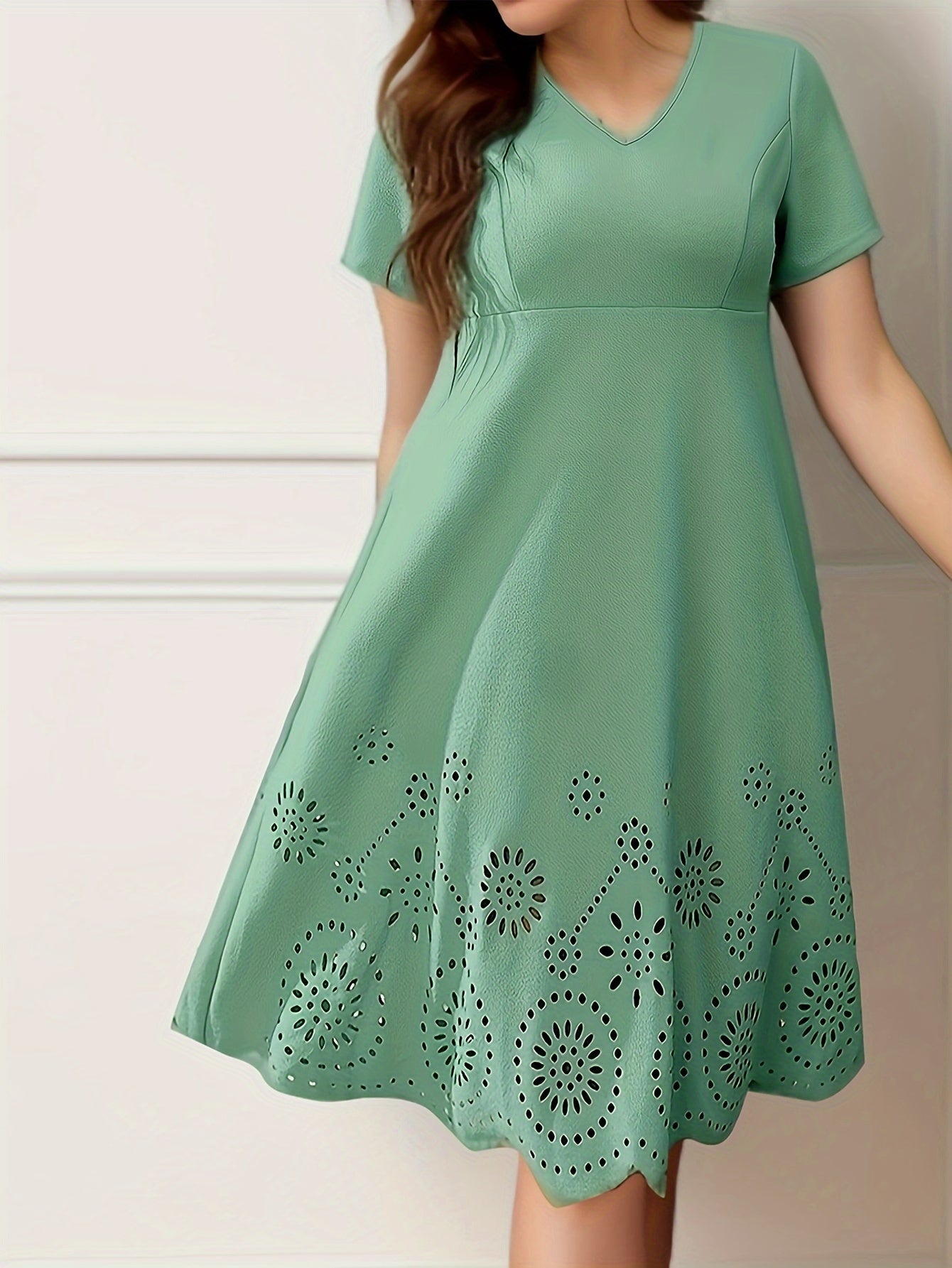Laser Cut Short Sleeve V Neck Dress
