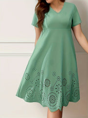 Laser Cut Short Sleeve V Neck Dress