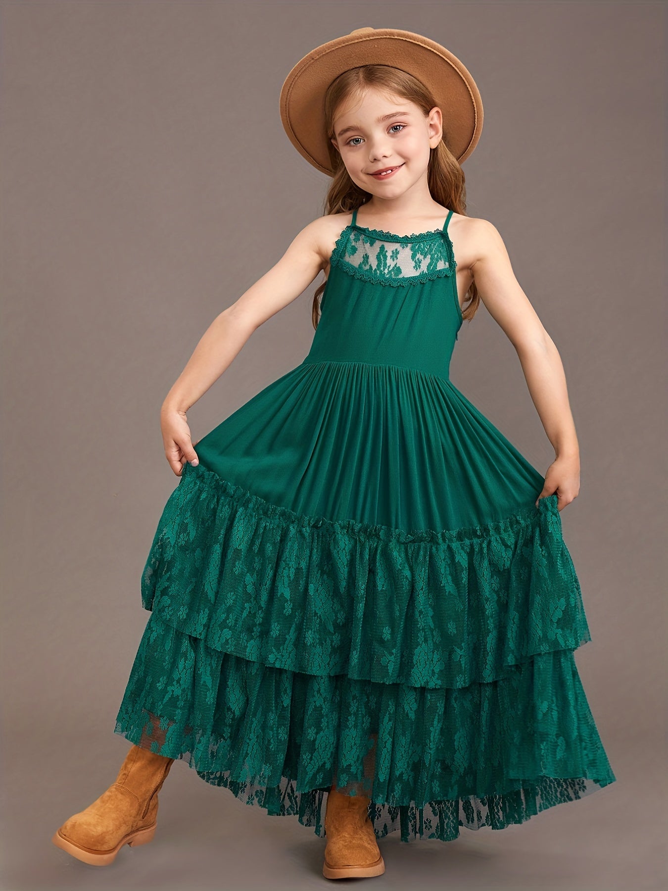 Girl's Halter Lace Maxi Dress For Wedding Piano Performance