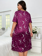 Moon & Star Print Nightdress Short Sleeve Round Neck Sleep Dress