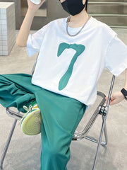 Boy's 2pcs T shirt & Pants Set Number 7 Print Short Sleeve Top Clash Casual Outf