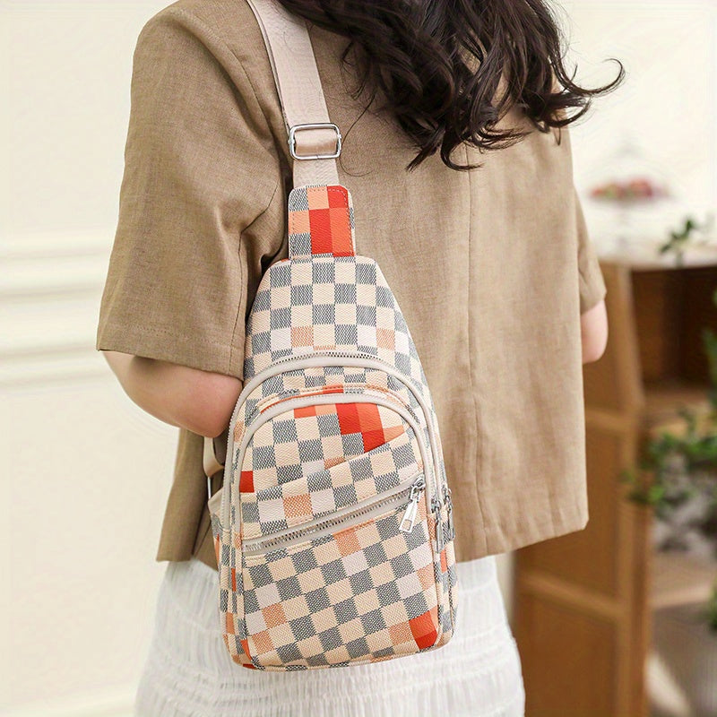 Plaid Pattern Sling Bag PU Leather Chest Purse Colorblock Crossbody Bag