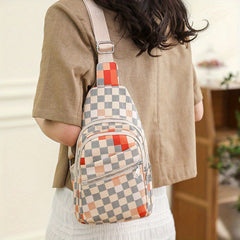 Plaid Pattern Sling Bag PU Leather Chest Purse Colorblock Crossbody Bag