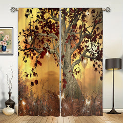 Golden Tree Scenery Rod Pocket Window Curtain for Home Decor