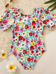 Girl's Floral Onesie Swimsuit Short Sleeve Bathing Suit Kids Clothes