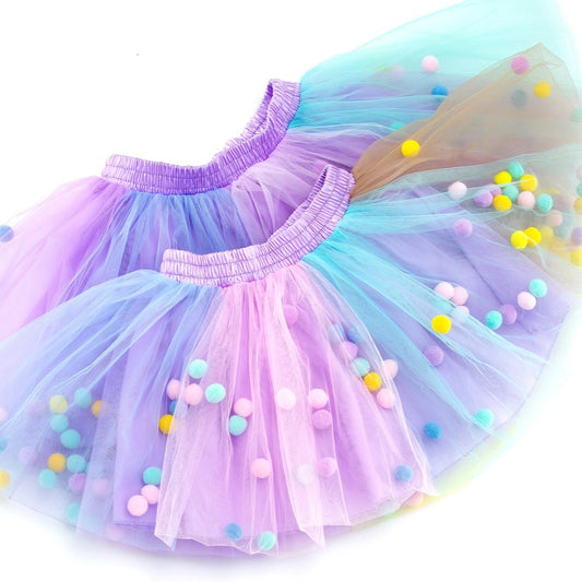 Girls Fluffy Tulle Tutu Skirt with Pom Pom for Party
