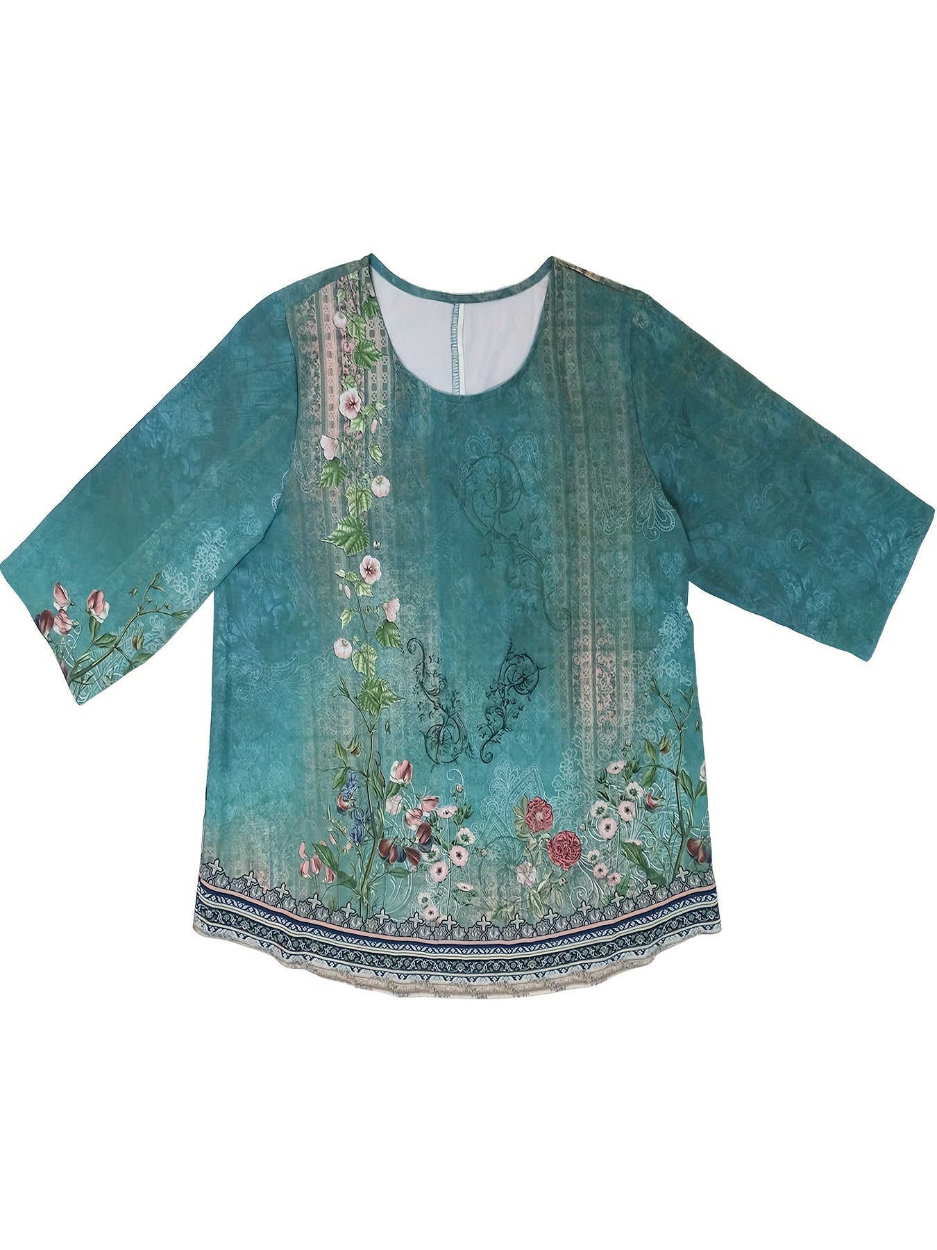 Women's Plus Floral Print Three Quarter Sleeve Round Neck T shirt