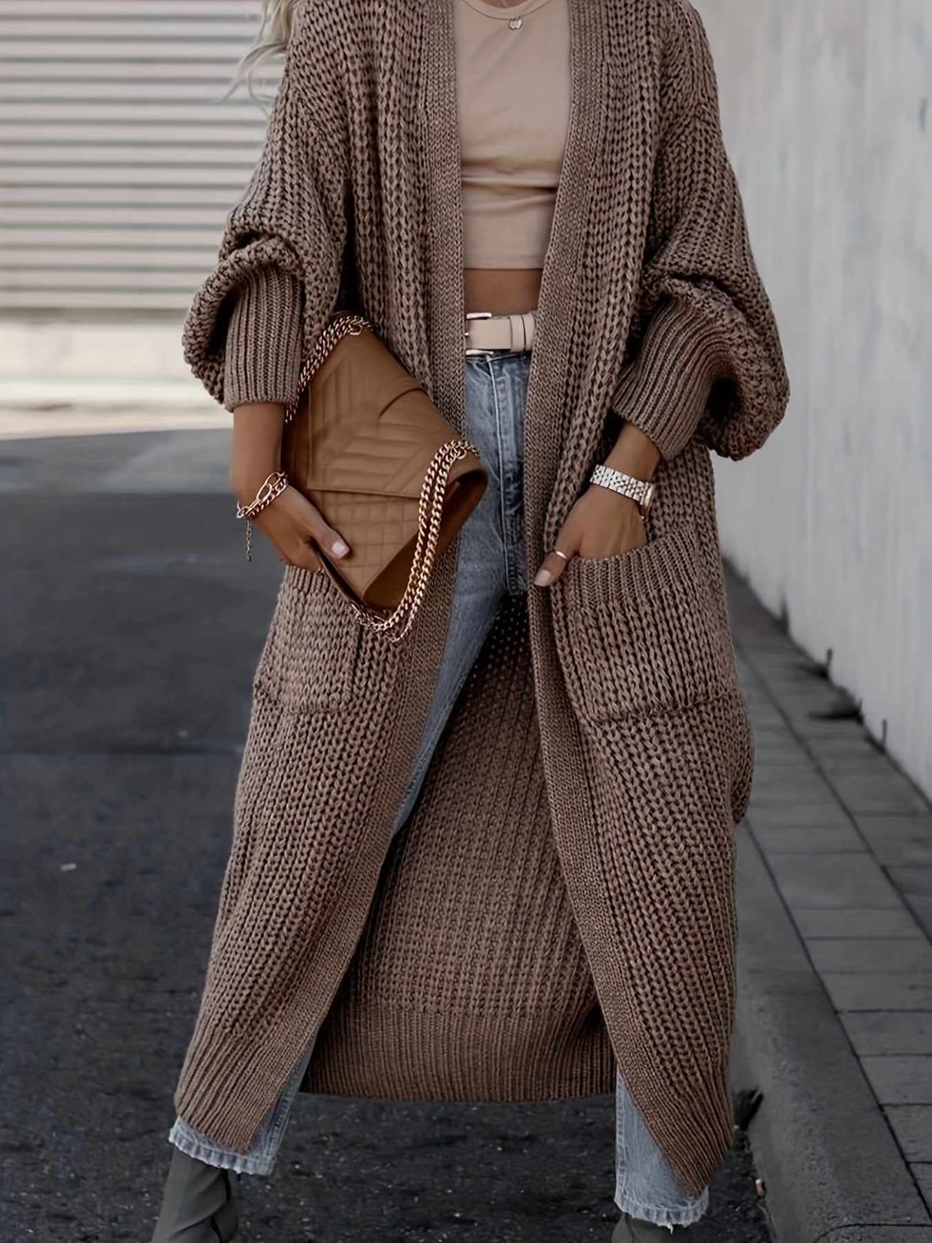 Open Front Pocket Cardigan Long Sleeve Sweater for Fall & Winter