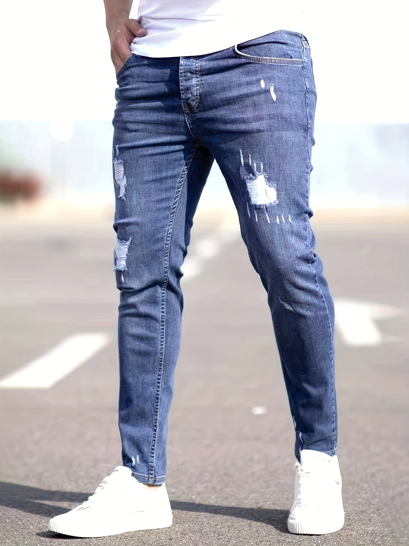 Men's Slim Fit Ripped Cotton Jeans Street Style Stretch Denim Pants