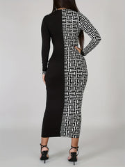 Colorblock Geometric Print Bodycon Midi Dress