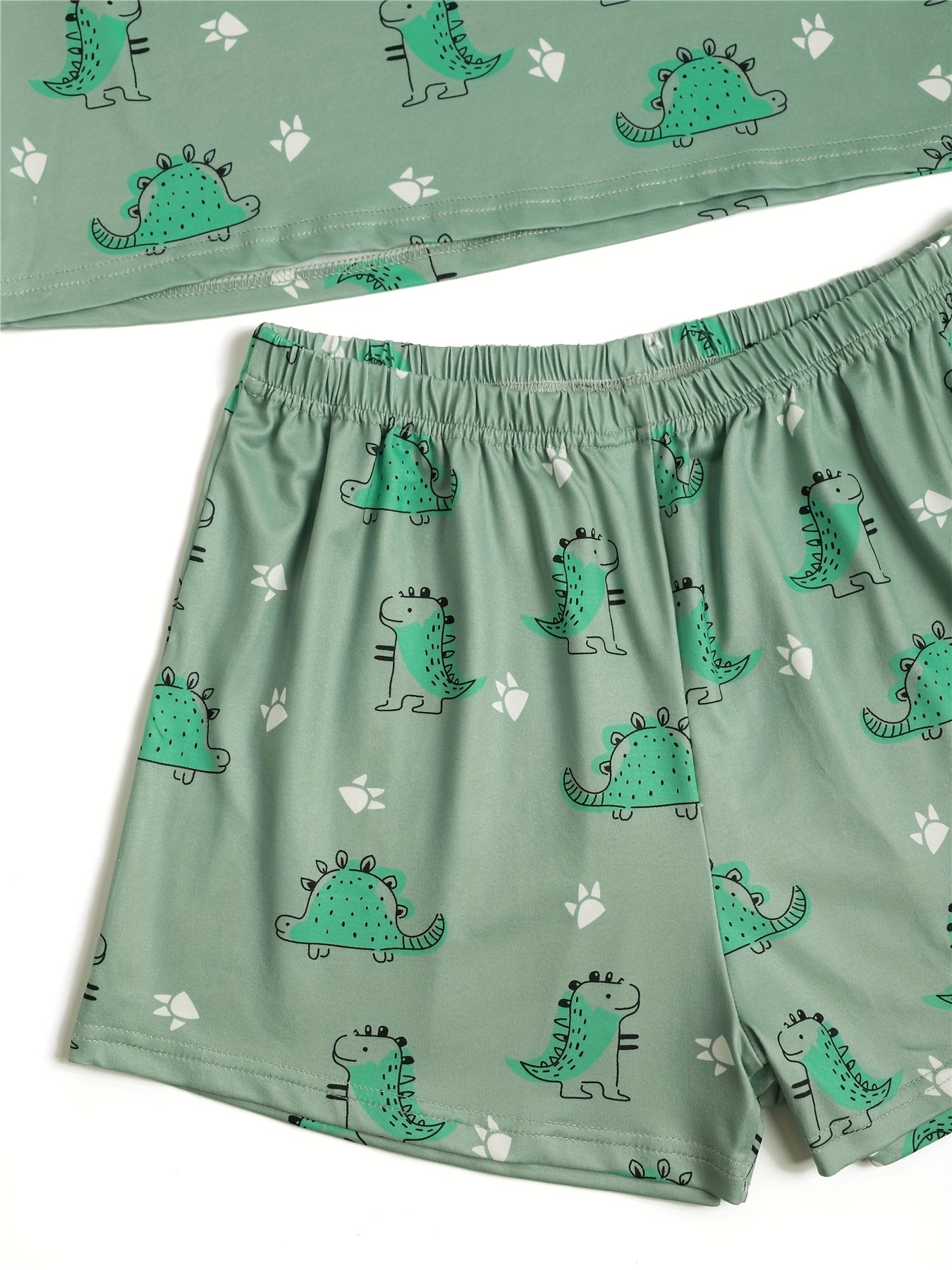 Dinosaur Print Lounge Set Short Sleeve Crew Neck Top & Elastic Waistband Shorts