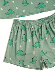 Dinosaur Print Lounge Set Short Sleeve Crew Neck Top & Elastic Waistband Shorts