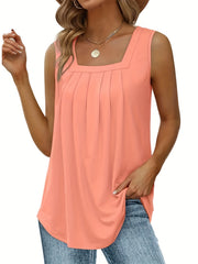 Square Neck Pleated Tank Top Summer Sleeveless Casual Women's Clothing