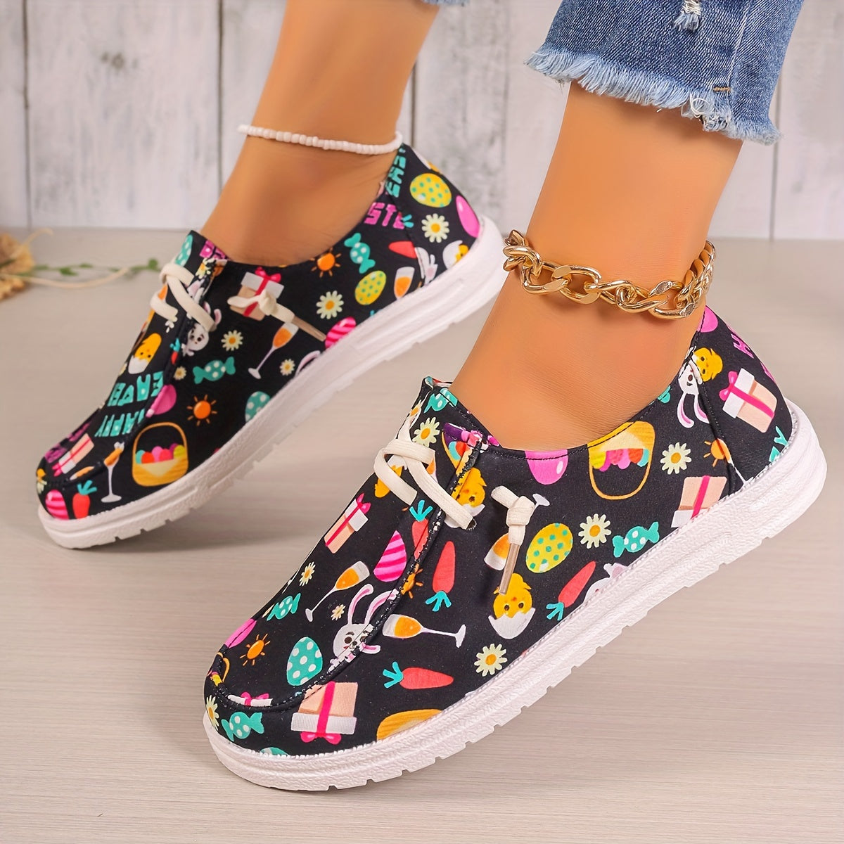 Women's Easter Eggs & Cartoon Rabbit Print Boat Shoes Low Casual Flats Low