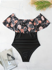 Floral Print Off Shoulder Ruffle Plus Size Swimsuit